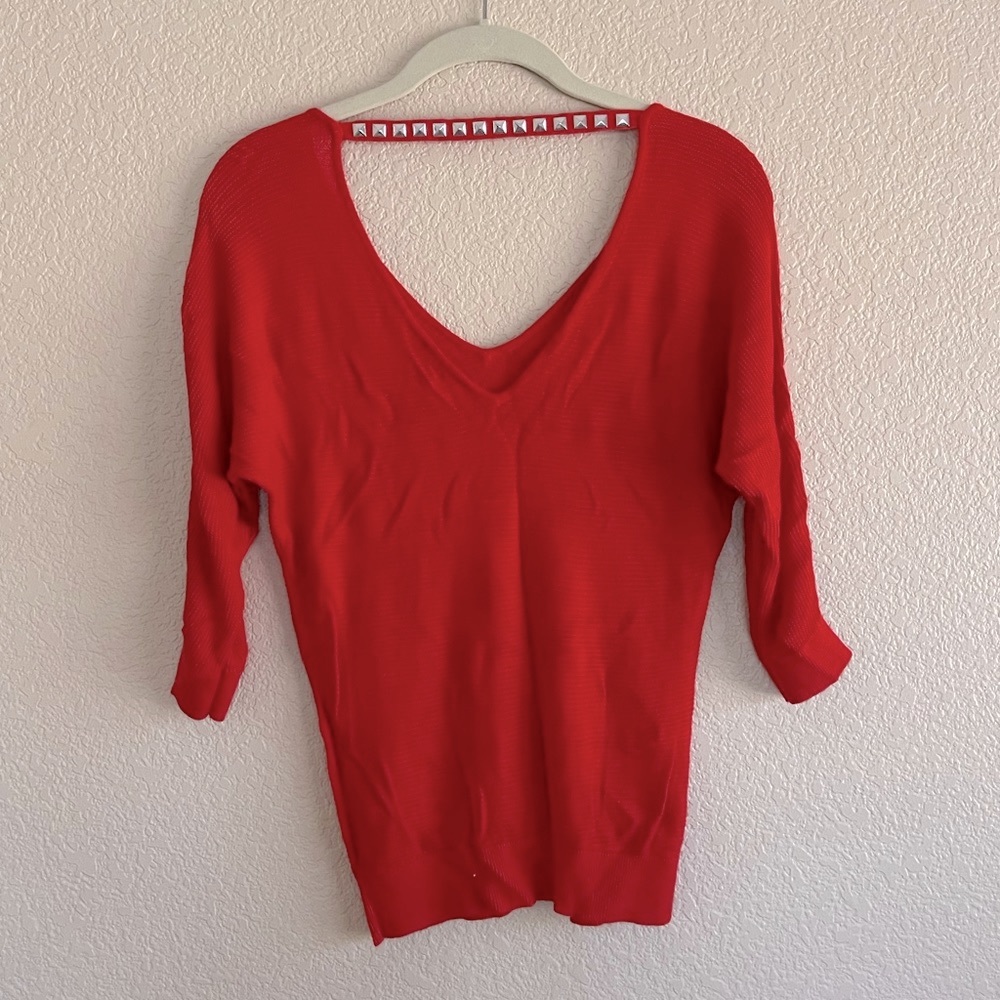 EXPRESS Red Studded 3/4 Sleeve Vneck Sweater